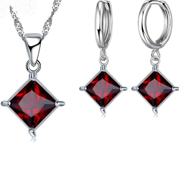 ⭐4pc Bundle Sale⭐ Princess Cut Ruby Pendant And Earrings Set w/ 18" Chain - Picture 2 of 5